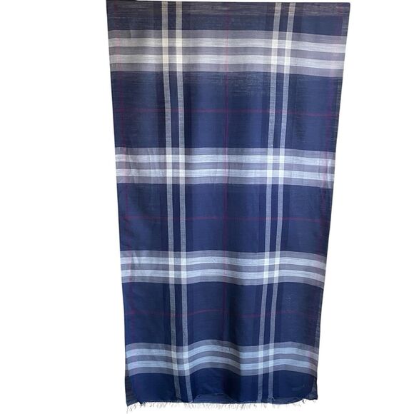 Burberry Scarf Rectangular 27x104” Blue Plaid Wool Silk Lightweight Designer - Picture 2 of 7